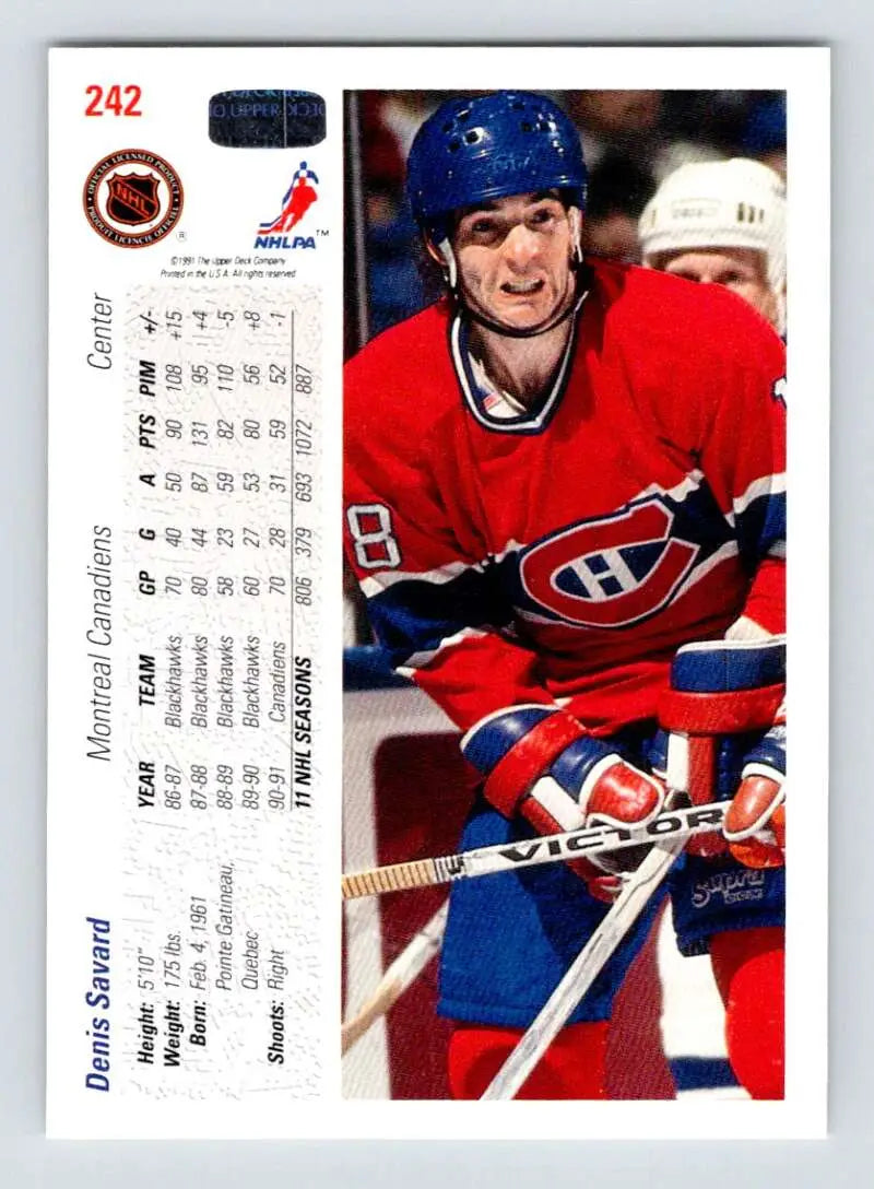 Denis Savard Montreal Canadiens Hockey Card in classic red jersey from 1991-92 Upper Deck