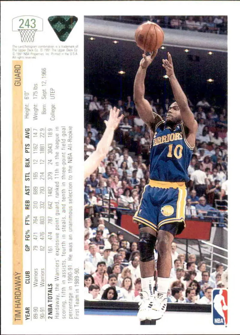 Basketball card of Tim Hardaway in Golden State Warriors uniform taking a jump shot
