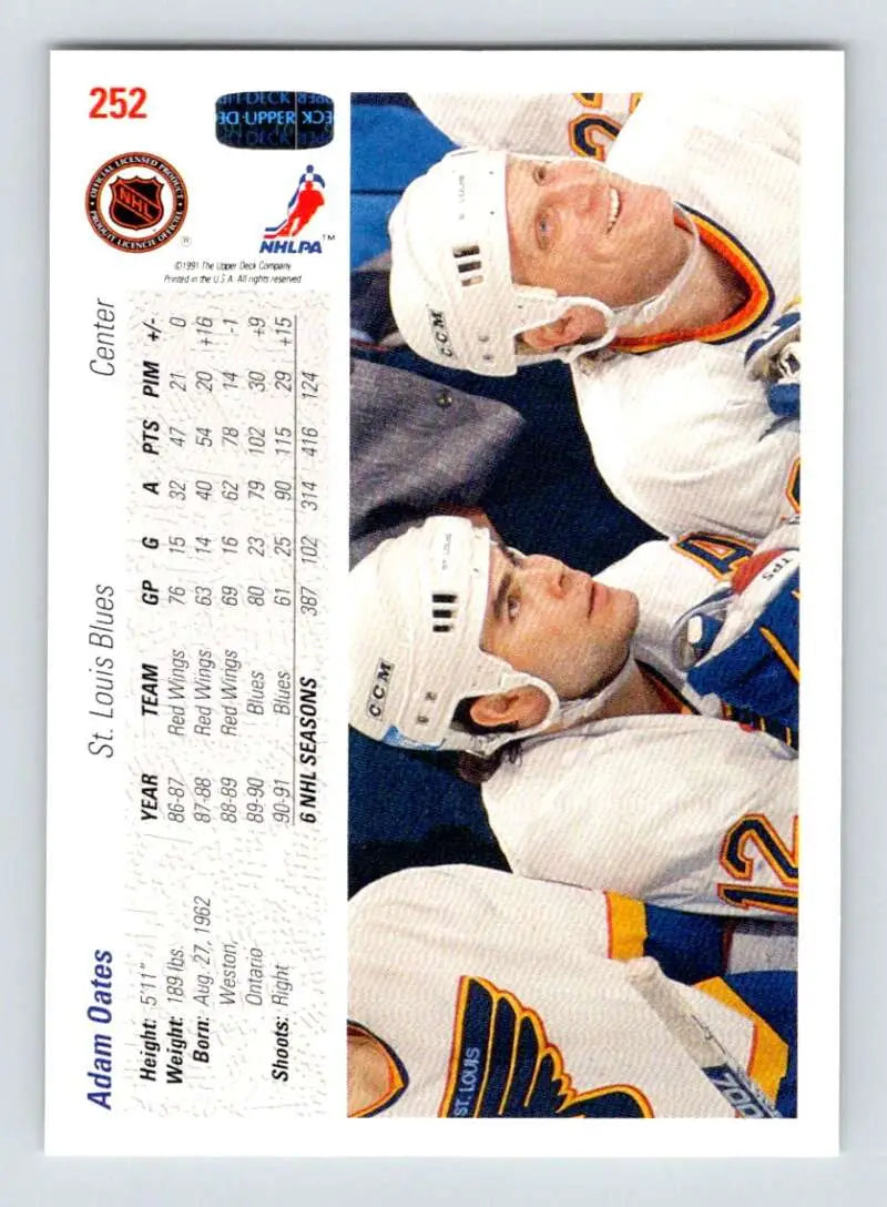 Hockey card featuring Adam Oates in a white jersey from Upper Deck 1991-92 series