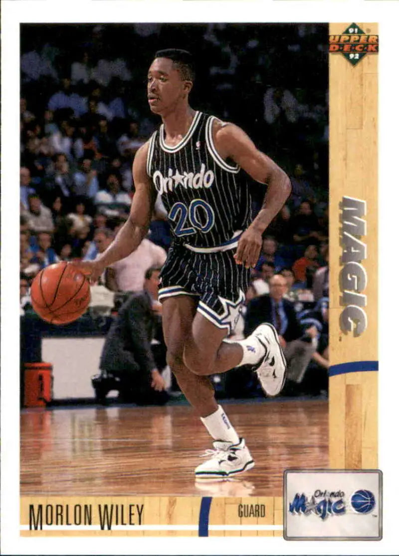 Basketball card of Morlon Wiley dribbling in Orlando Magic black pinstriped jersey