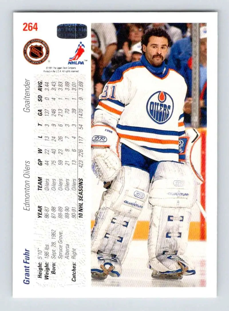 Hockey card of Grant Fuhr in Edmonton Oilers uniform from Upper Deck 1991-92