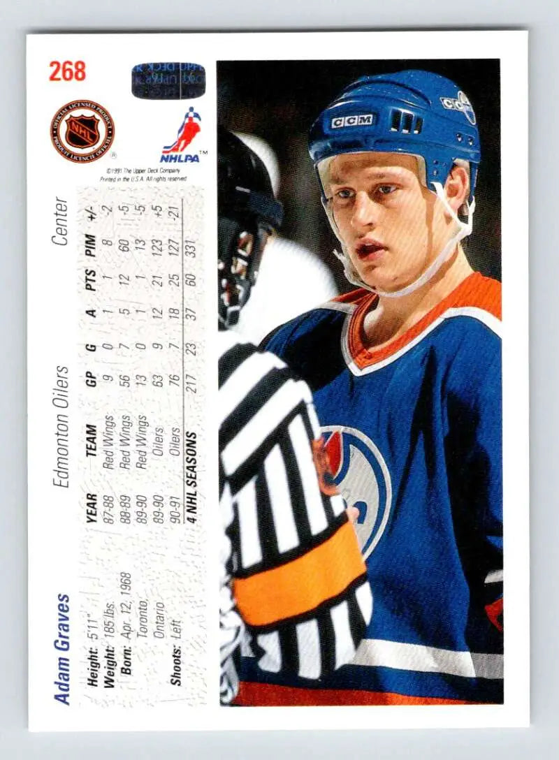 Hockey card of Adam Graves in Edmonton Oilers jersey from Upper Deck 1991-92 series