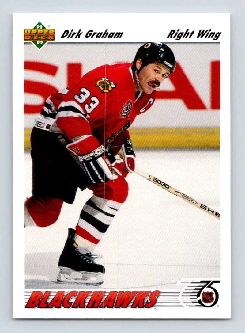 Hockey player in Chicago Blackhawks jersey skating with a stick on Upper Deck hockey card