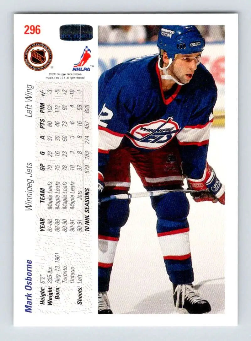 Hockey trading card of Mark Osborne in Winnipeg Jets uniform from 1991-92 Upper Deck