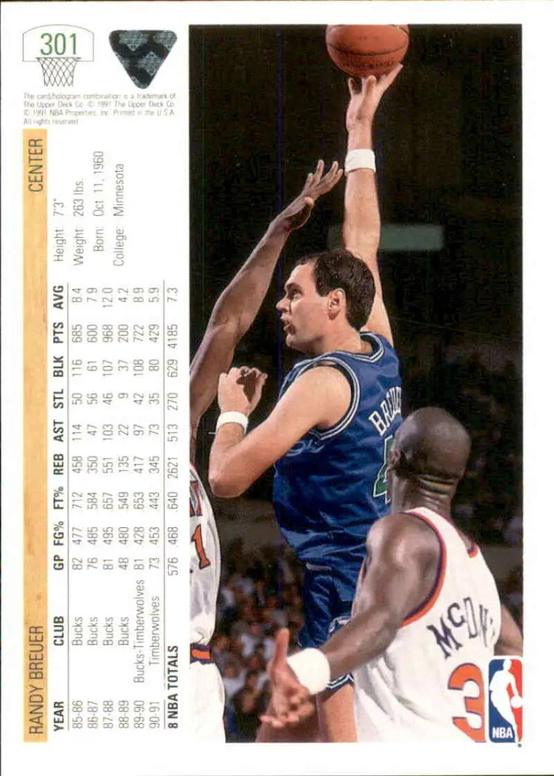 Basketball trading card featuring Randy Breuer of the Minnesota Timberwolves in action