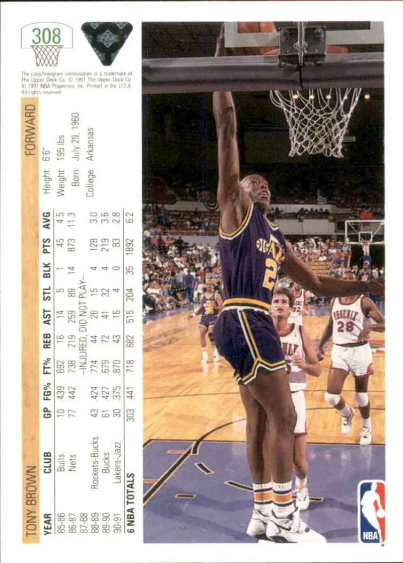 Tony Brown Utah Jazz card from 1991-92 Upper Deck, showcasing a dunk in purple and gold