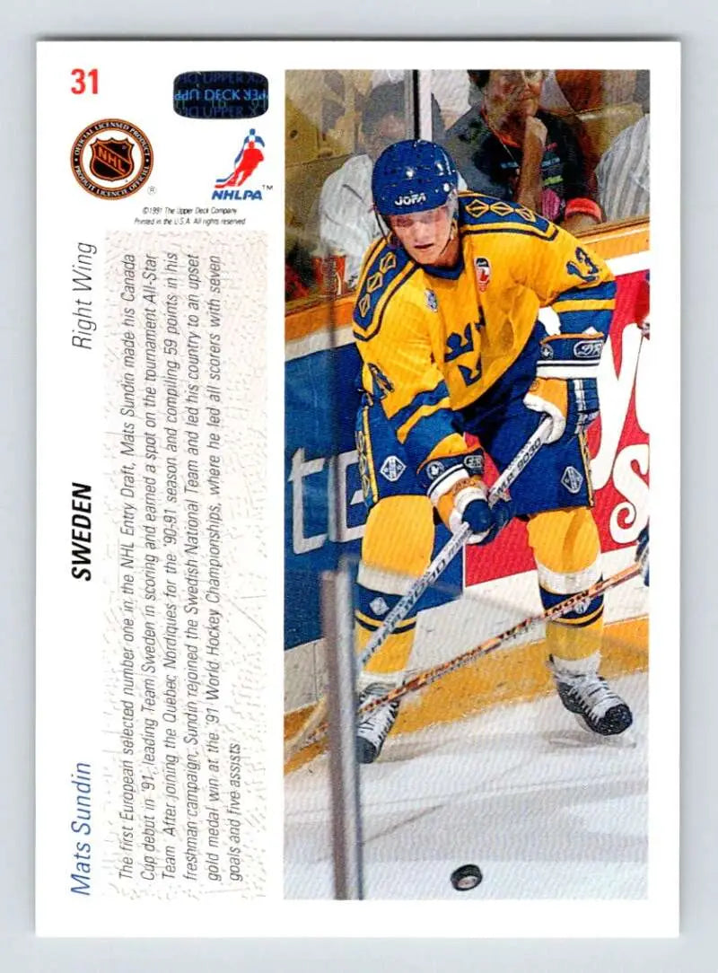 Hockey card of Mats Sundin in yellow and blue Swedish uniform for Quebec Nordiques