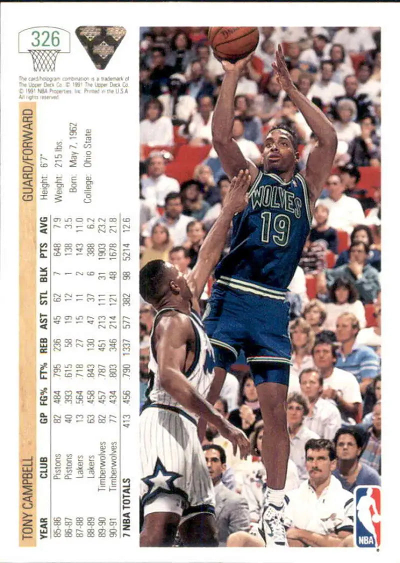 Tony Campbell basketball card in dark blue uniform for Minnesota Timberwolves shot