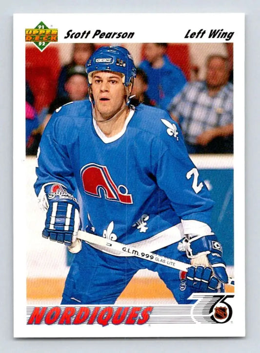 Hockey player in Quebec Nordiques jersey number 21 featured on Scott Pearson hockey card