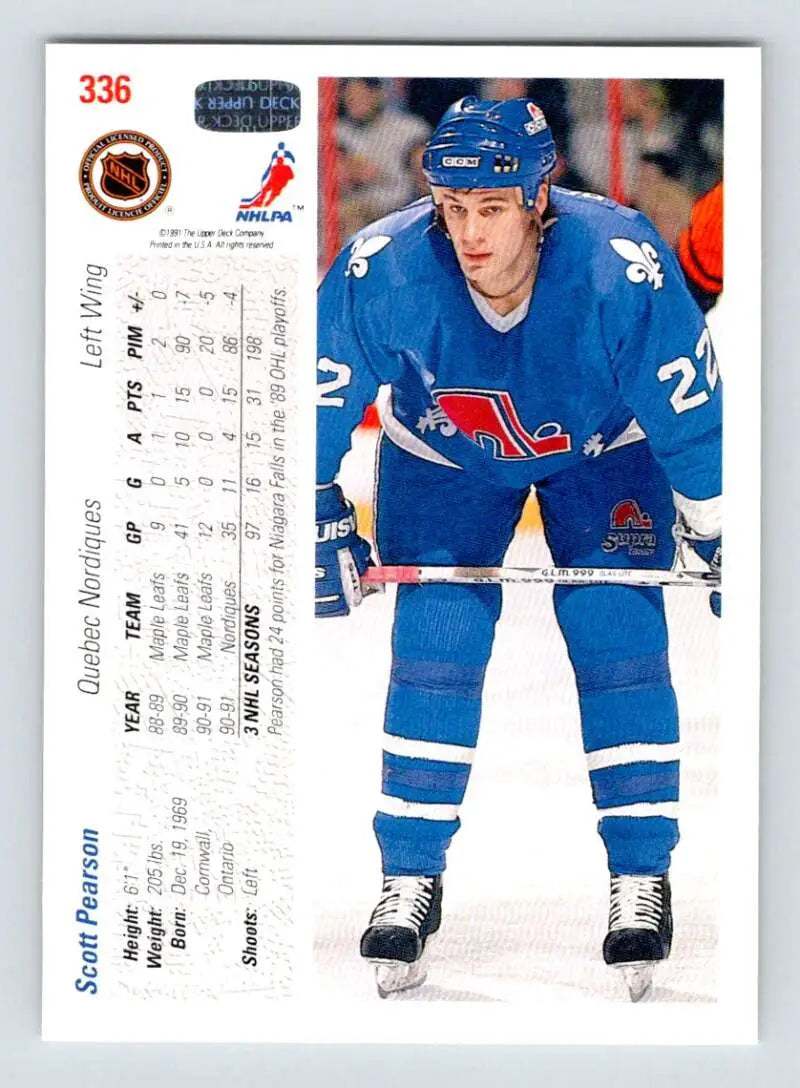 Hockey player in Quebec Nordiques uniform showcasing Scott Pearson on a trading card