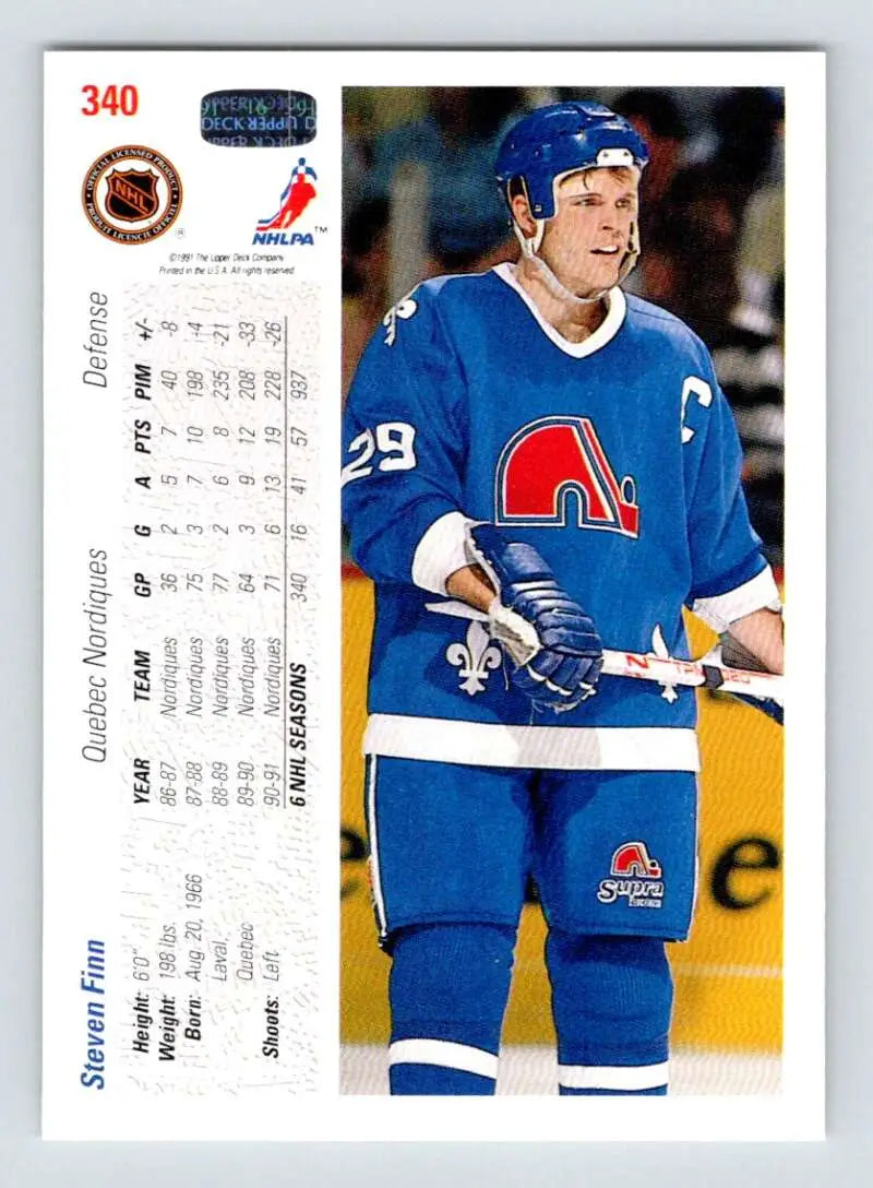 Hockey card of Steven Finn in Quebec Nordiques blue uniform with fleur-de-lis logo