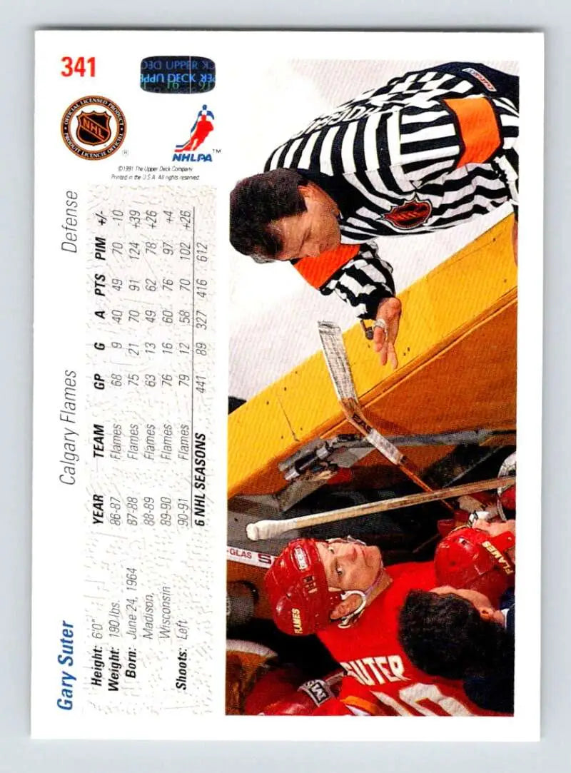 Hockey trading card of Gary Suter with Calgary Flames and referee over player in red jersey