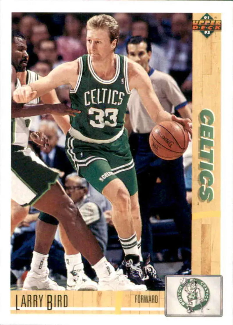 Basketball card of Larry Bird in action for Boston Celtics jersey number 33
