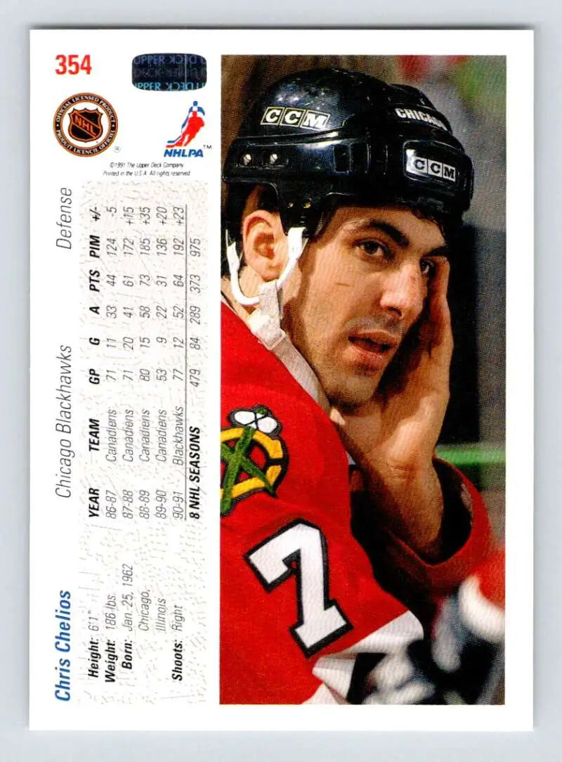 Hockey player in red Chicago Blackhawks jersey, number 7, representing Chris Chelios