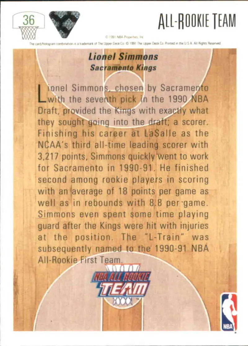 Basketball trading card featuring Lionel Simmons of the Sacramento Kings from Upper Deck