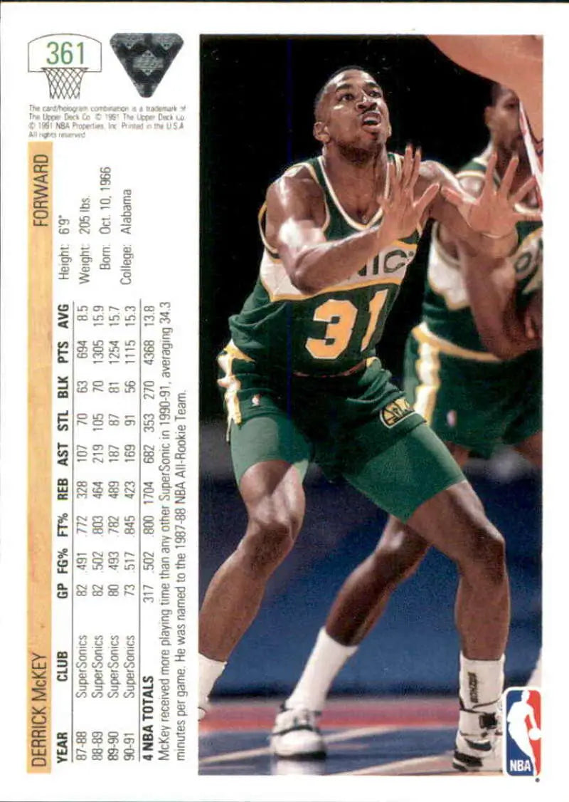 Derrick McKey in a green Seattle SuperSonics jersey reaching for the ball