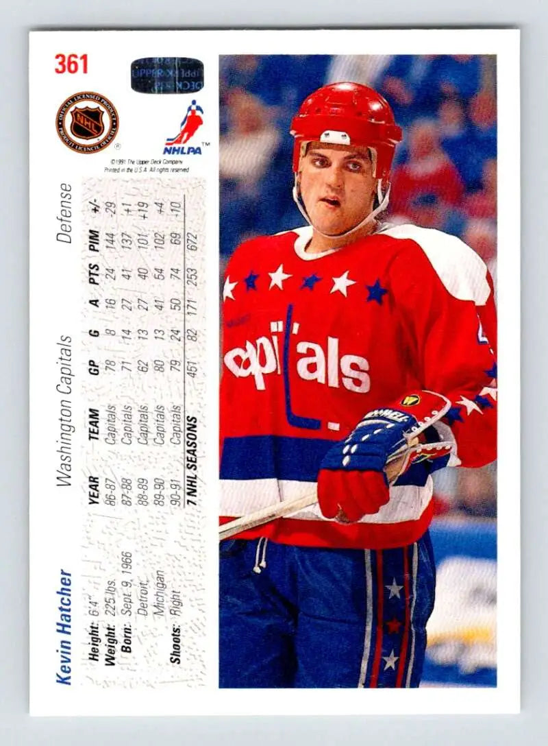 Hockey card of Kevin Hatcher in red and blue uniform from Upper Deck 1991-92