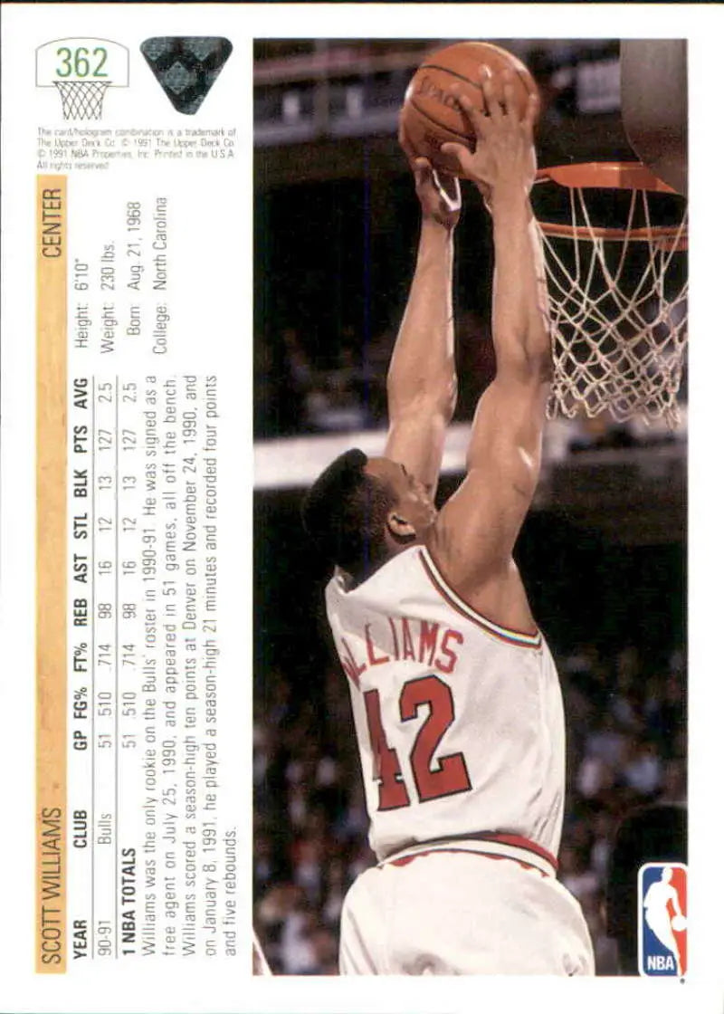 Basketball card featuring Scott Williams dunking for the Chicago Bulls in 1991-92