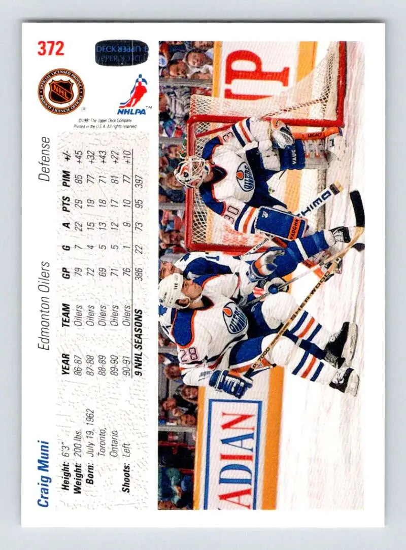 Hockey card of Edmonton Oilers celebrating with Craig Muni, 1991-92 Upper Deck #372