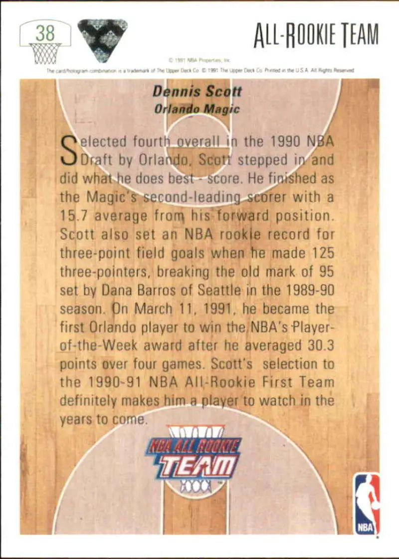 Basketball card of Dennis Scott highlighting his rookie season with the Orlando Magic
