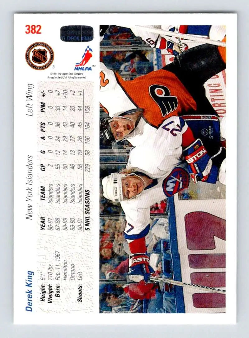 Hockey card featuring Derek King and gameplay between New York Rangers and Philadelphia Flyers