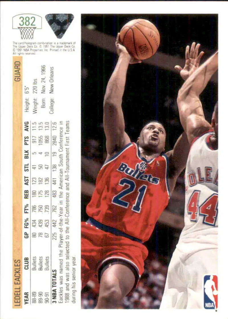 Ledell Eackles shooting in a red #21 Bulls jersey on Washington Bullets basketball card