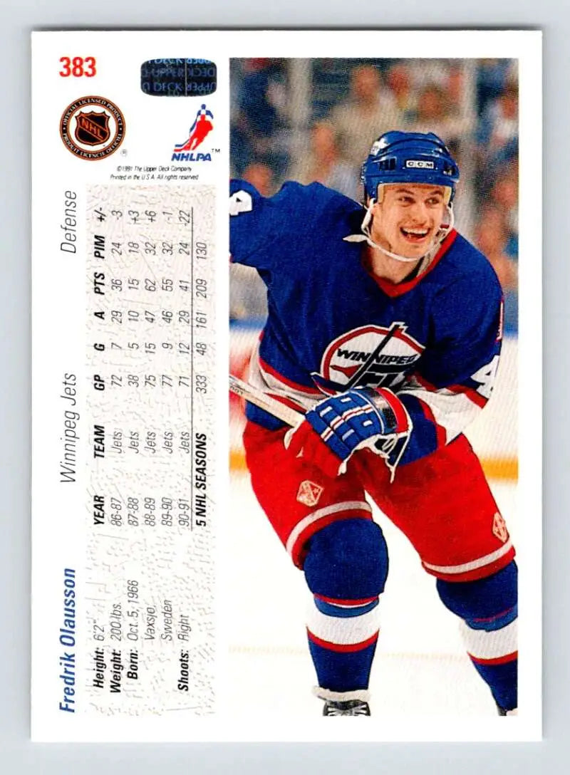 Hockey card of Fredrik Olausson in Winnipeg Jets blue and red uniform