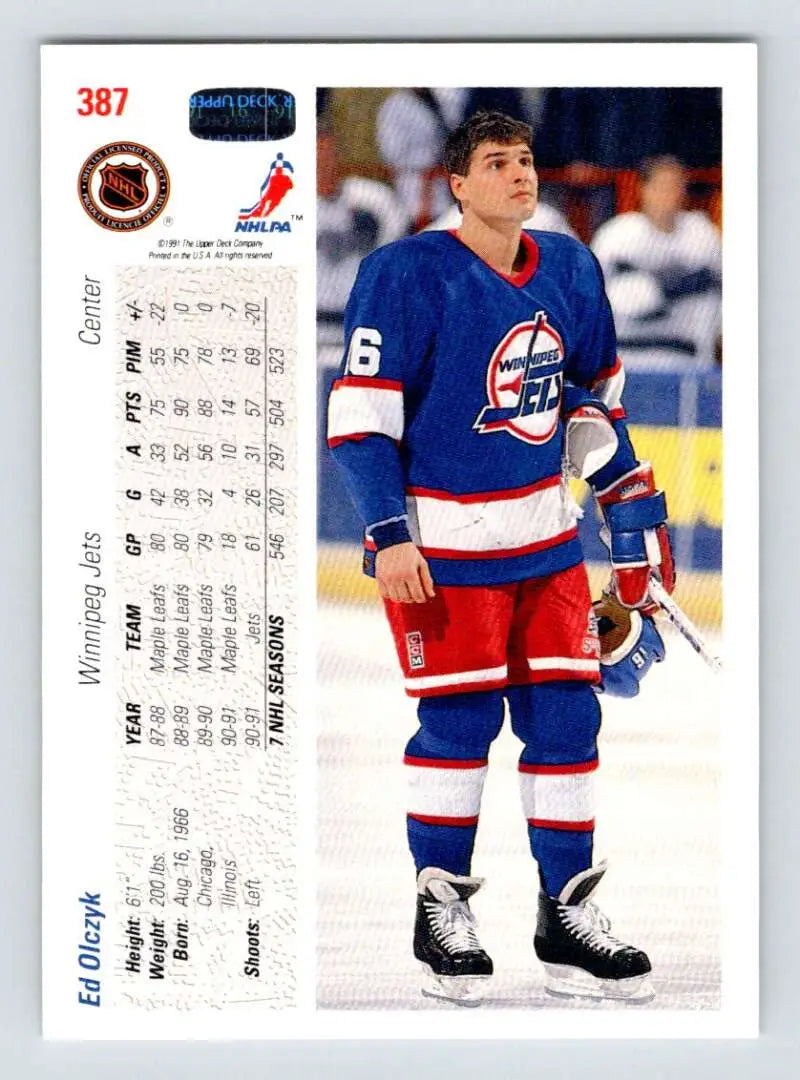 Hockey card of Ed Olczyk in Winnipeg Jets uniform, Upper Deck #387 from 1991-92
