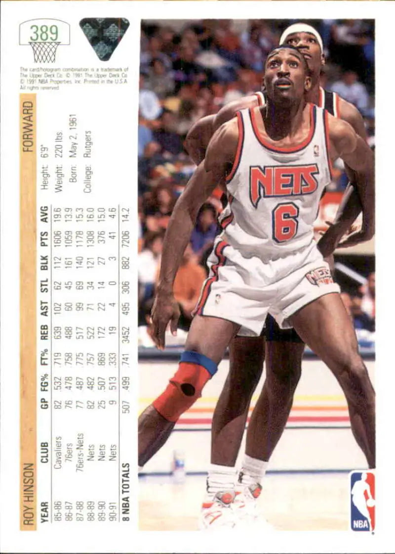 Roy Hinson New Jersey Nets basketball card in white uniform, number 6, 1991-92 Upper Deck