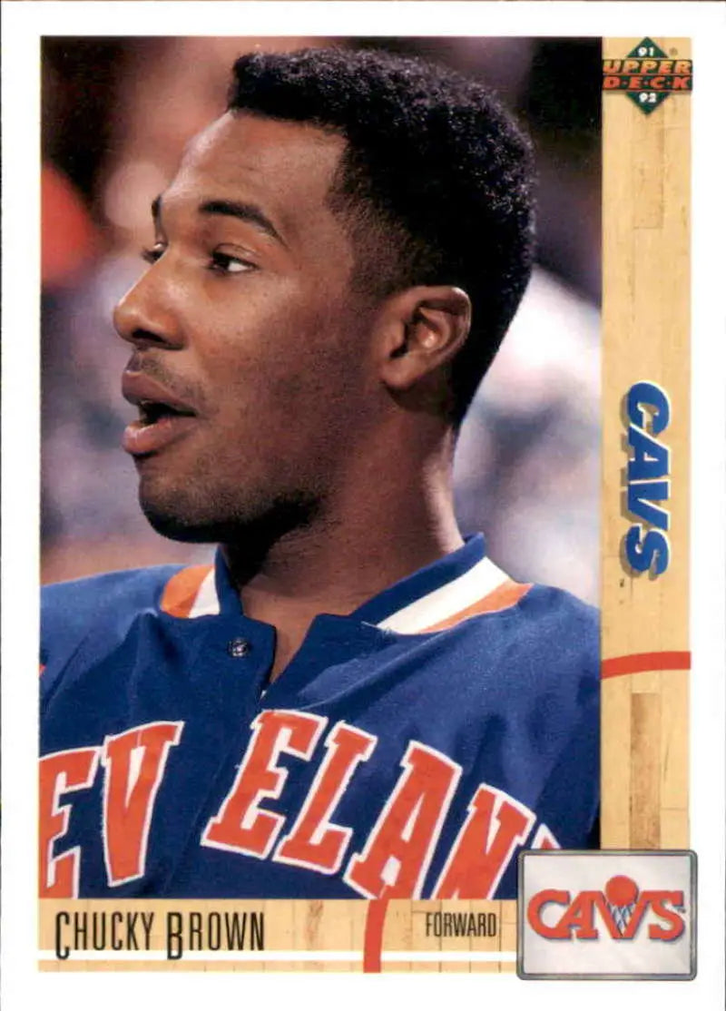 Basketball card of Chucky Brown in Cleveland Cavaliers blue uniform from 1991-92 Upper Deck