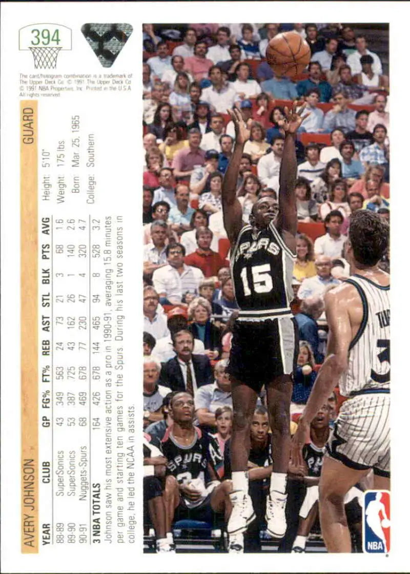 Avery Johnson shooting a jump shot on 1991-92 Upper Deck San Antonio Spurs card