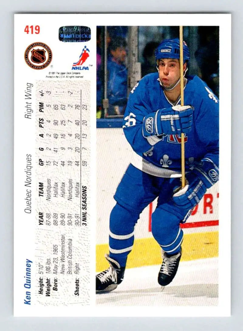 Hockey card of Ken Quinney in blue uniform from Upper Deck featuring Toronto Maple Leafs