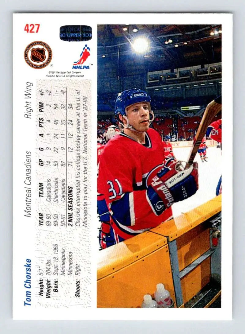 Tom Chorske in red Montreal Canadiens jersey near the boards on Upper Deck hockey card