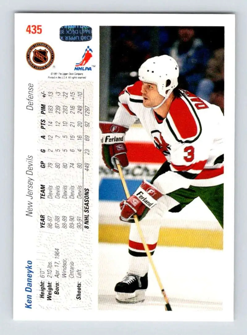 Hockey card featuring Ken Daneyko in New Jersey Devils white and red uniform