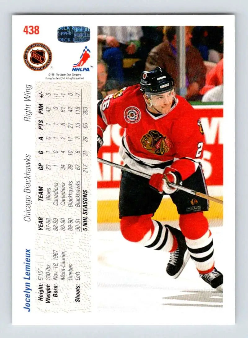 Hockey player in red Chicago Blackhawks jersey skating, 1991-92 Upper Deck card image
