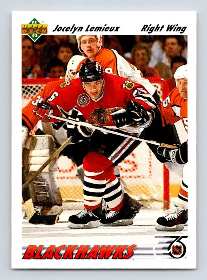 Hockey player in red Chicago Blackhawks jersey skating, 1991-92 Upper Deck card image