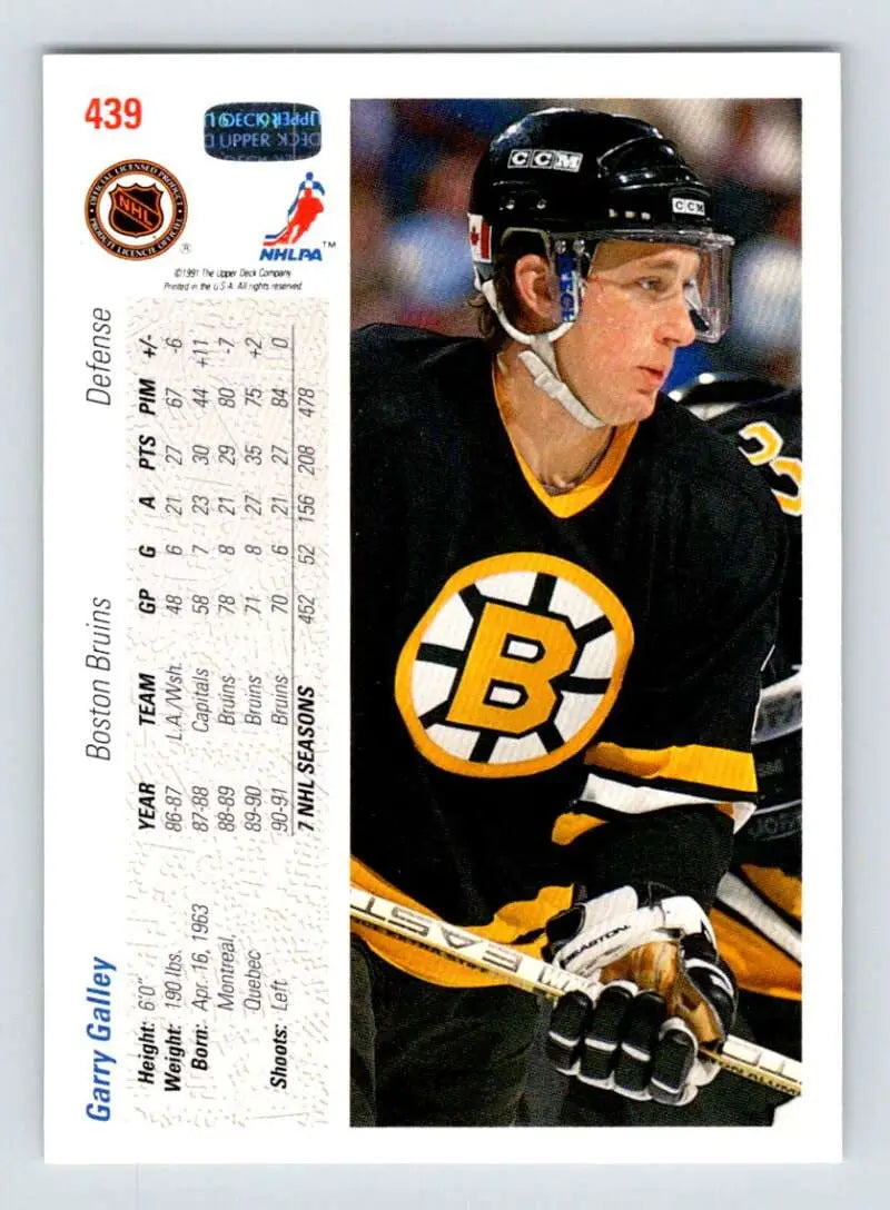 Hockey card of Garry Galley in Boston Bruins black and gold uniform by Upper Deck