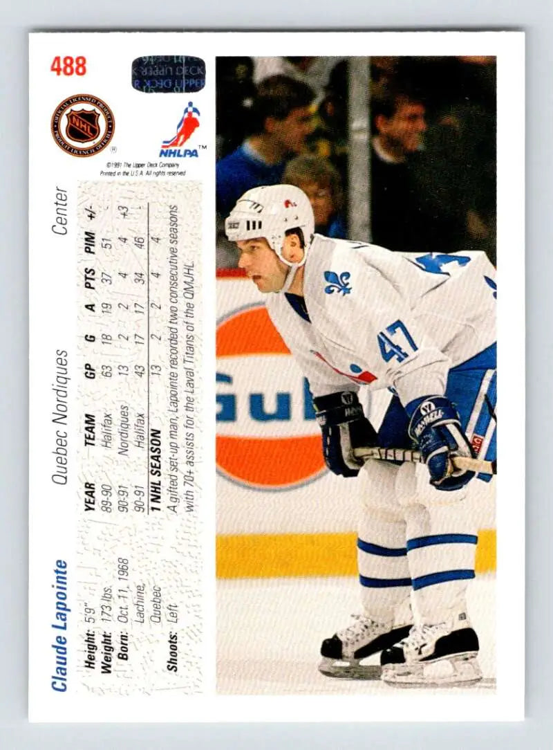 Hockey card featuring Claude Lapointe of the Quebec Nordiques in white uniform #47