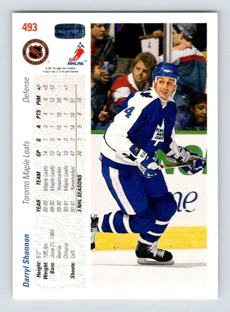 Hockey card of Darryl Shannon in blue and white Toronto Maple Leafs uniform by Upper Deck