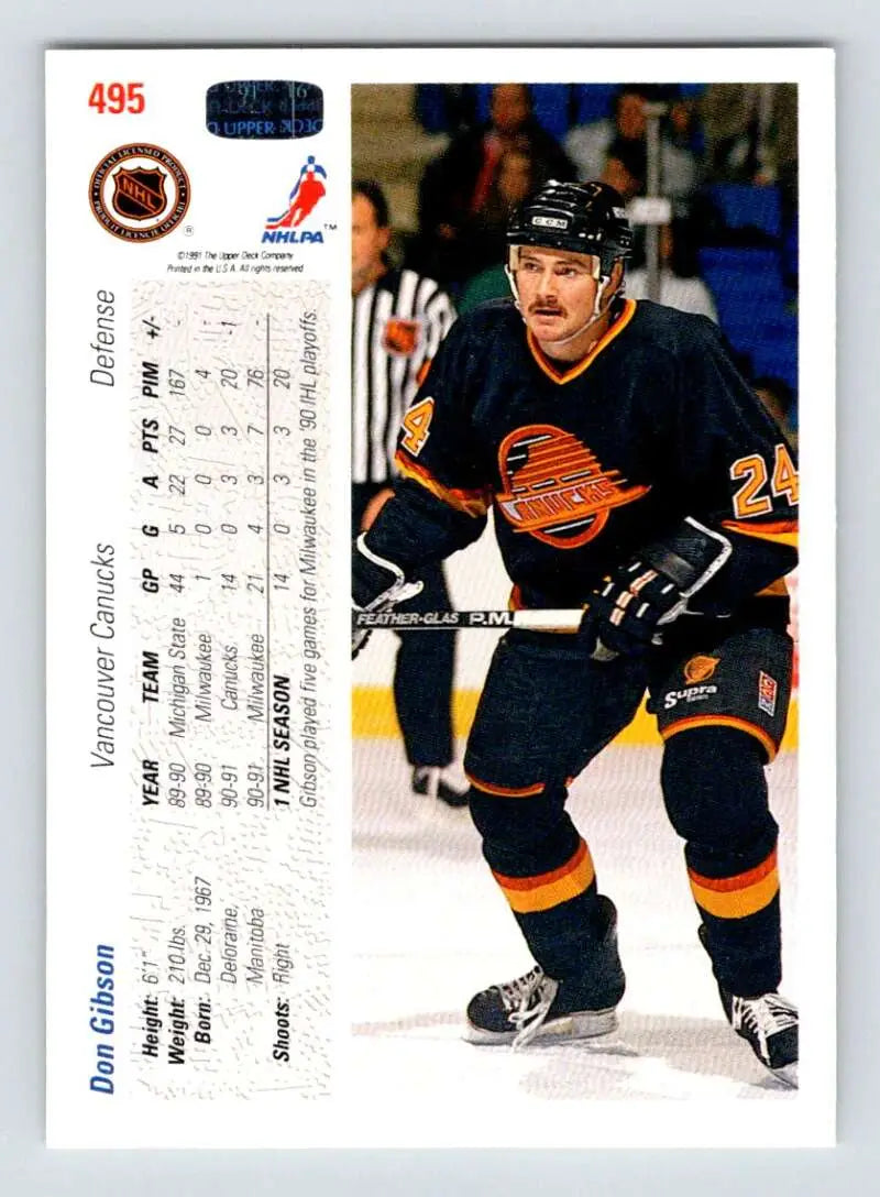 Hockey trading card of Don Gibson in Vancouver Canucks uniform, 1991-92 Upper Deck