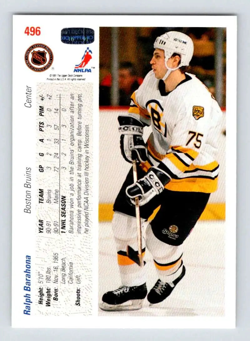 Hockey trading card of Ralph Barahona from 1991-92 Upper Deck, #496, Boston Bruins