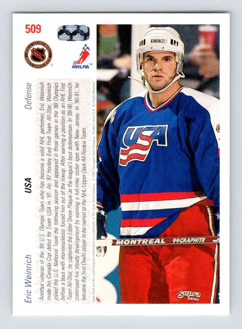 Hockey card of Eric Weinrich in Team USA uniform from Upper Deck 1991-92 collection
