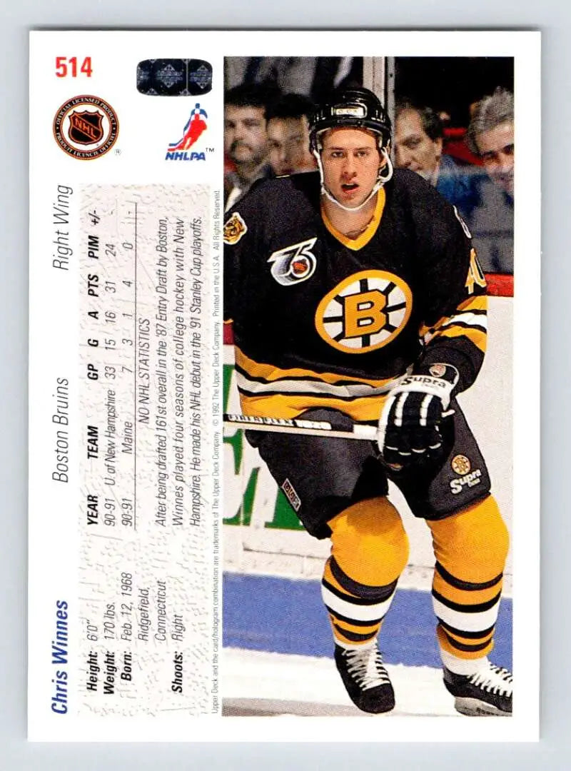 Hockey card of Chris Winnes in Boston Bruins black and gold uniform by Upper Deck
