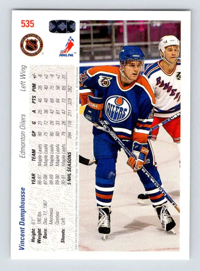Hockey trading card of Vincent Damphousse in Edmonton Oilers uniform, 1991-92 Upper Deck