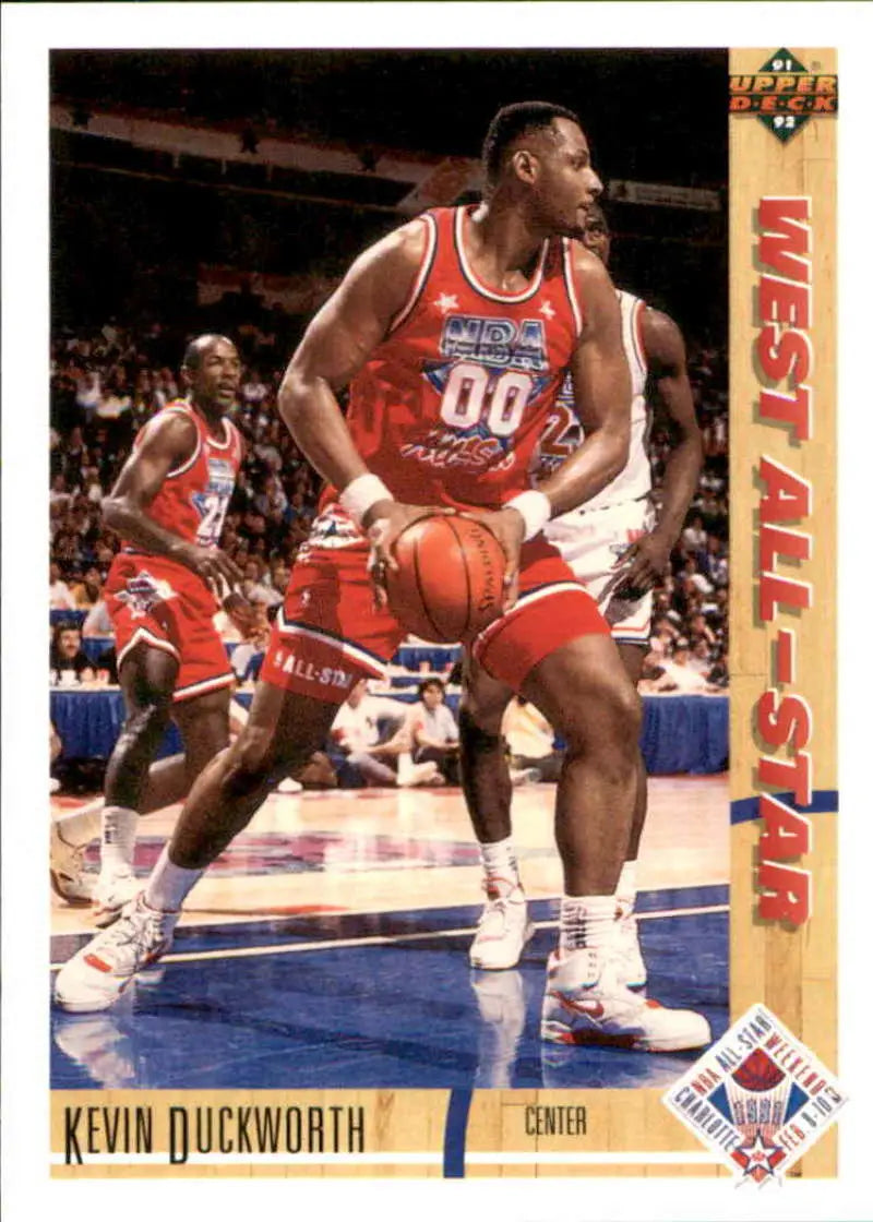 Basketball card of Kevin Duckworth in red jersey for Portland Trail Blazers All-Star