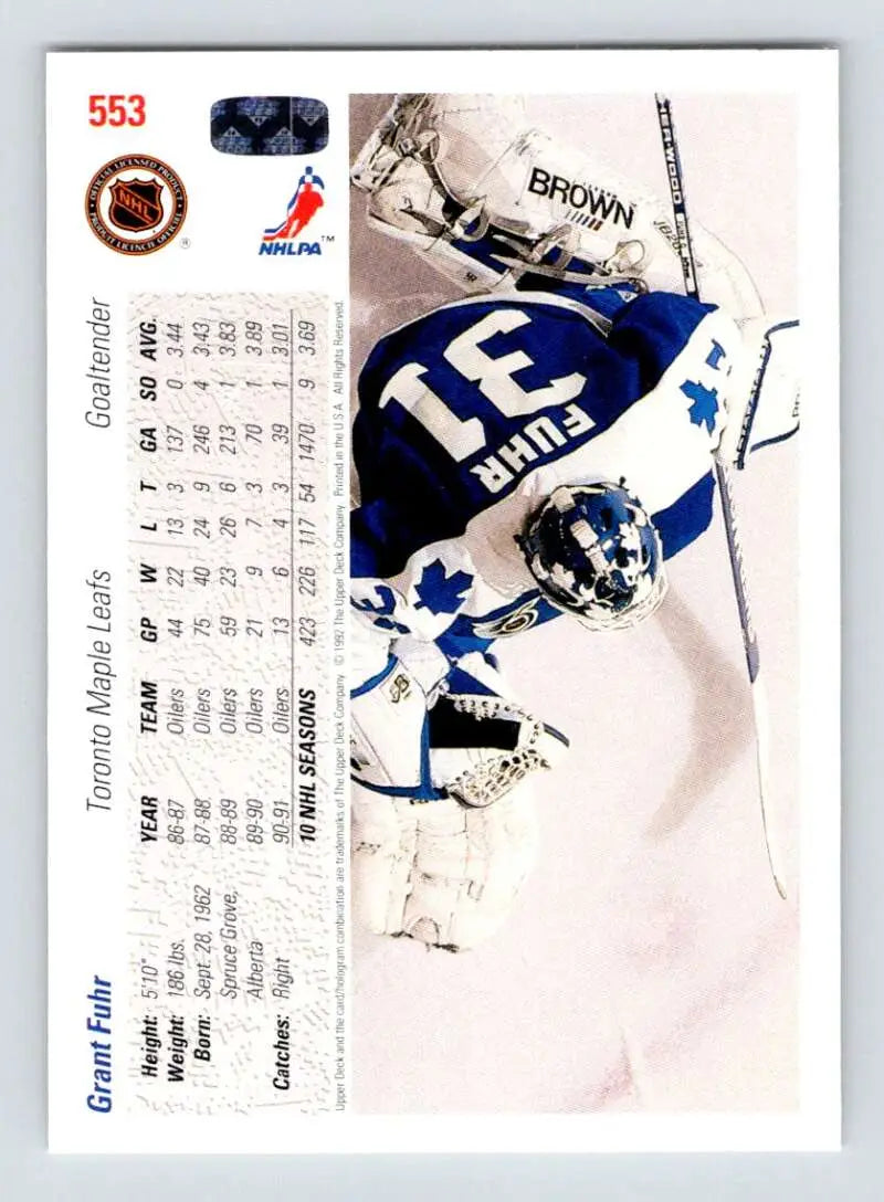 Hockey card of Grant Fuhr in blue and white Toronto Maple Leafs uniform