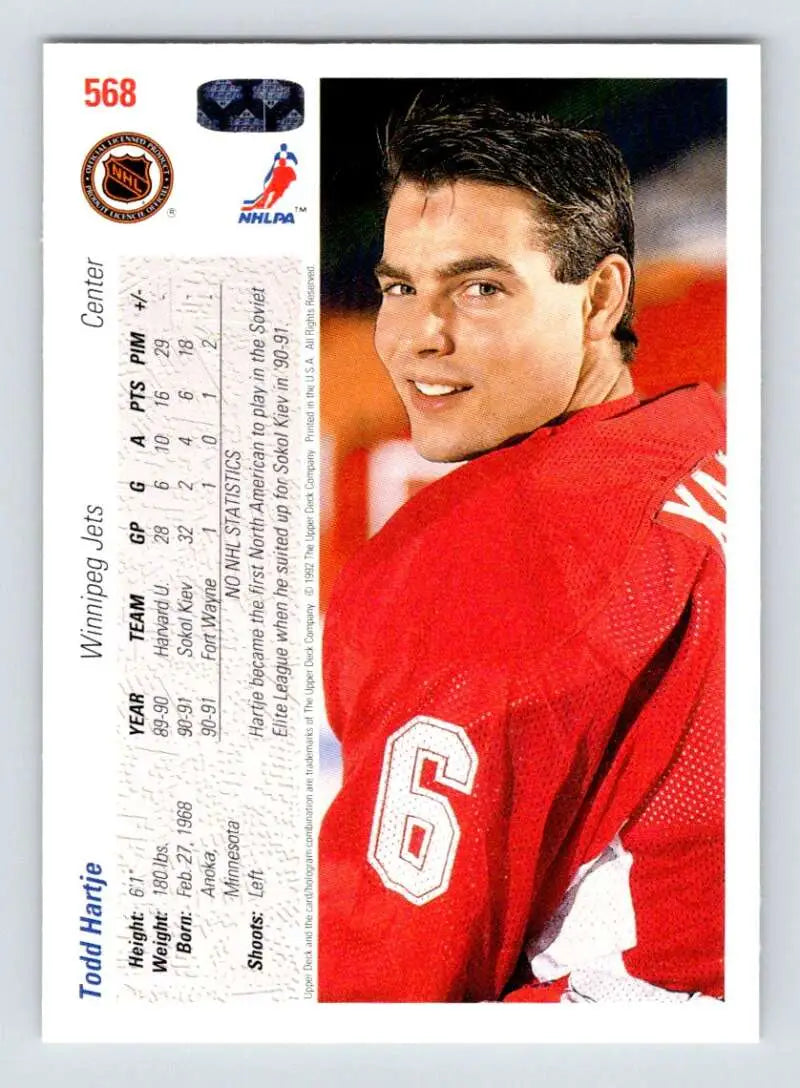 1991-92 Upper Deck Todd Hartje Rookie Hockey Card featuring Winnipeg Jets player number 6