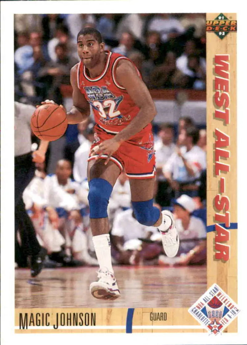 Magic Johnson dribbling in red Western Conference All-Star uniform basketball card