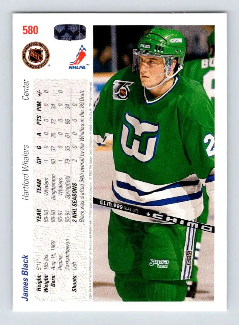 Hockey card of James Black in a green Hartford Whalers jersey, 1991-92 Upper Deck