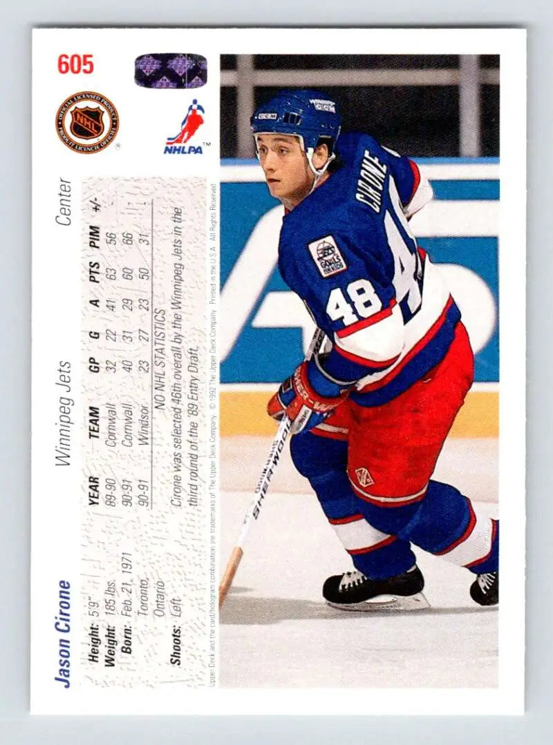 Hockey card featuring Jason Cirone in Winnipeg Jets uniform, 1991-92 Upper Deck